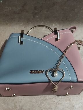 Two-Tone Pink and Blue Heart Charm Satchel